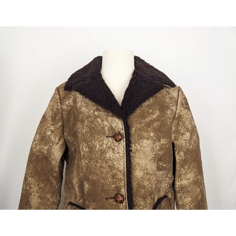 Vintage 80s Coat Brown Faux Suede Fur Sherpa Women's Size M - Picture 2 of 7